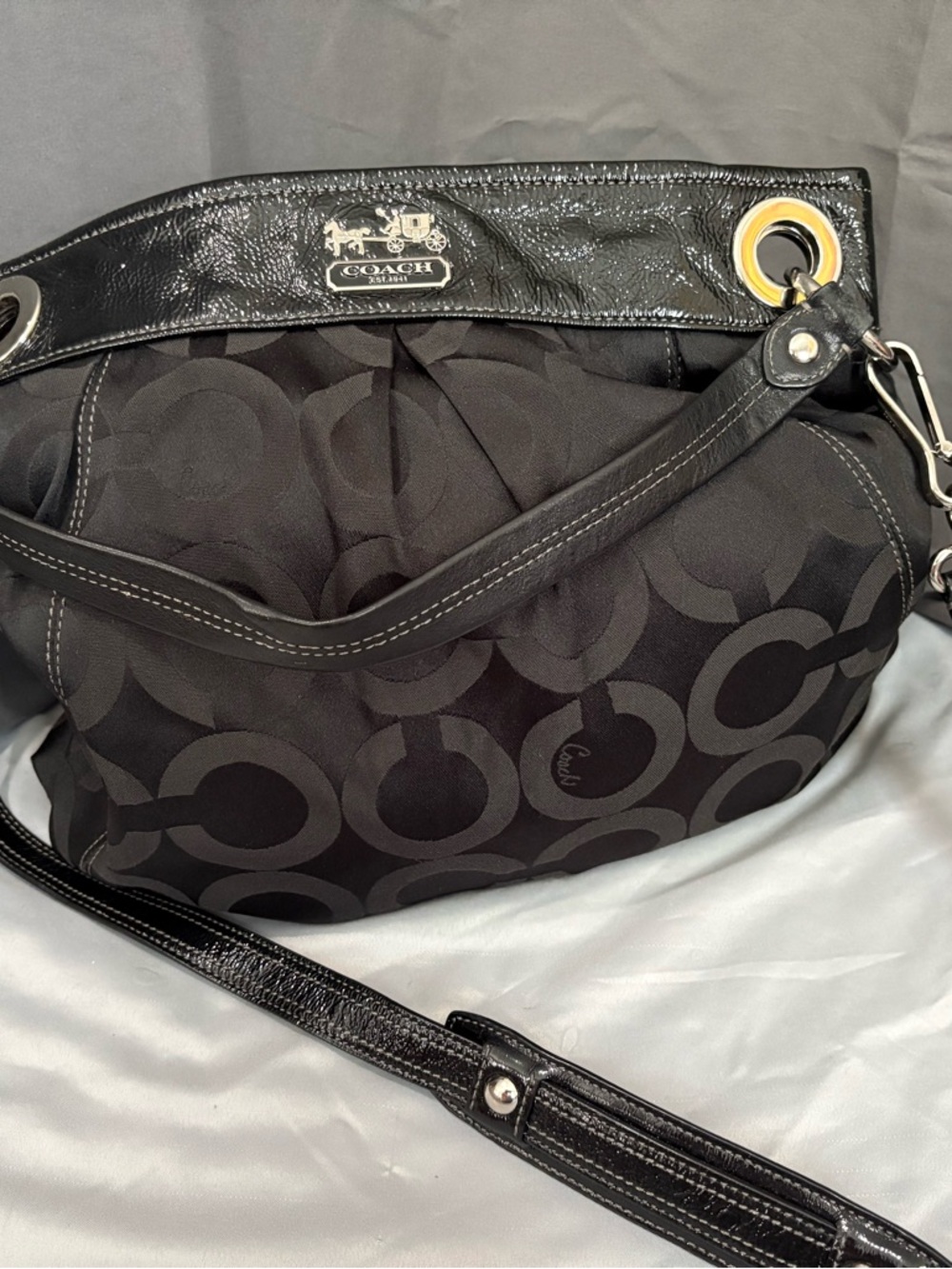 Coach Black Signature Shoulder Bag with Patent Trim